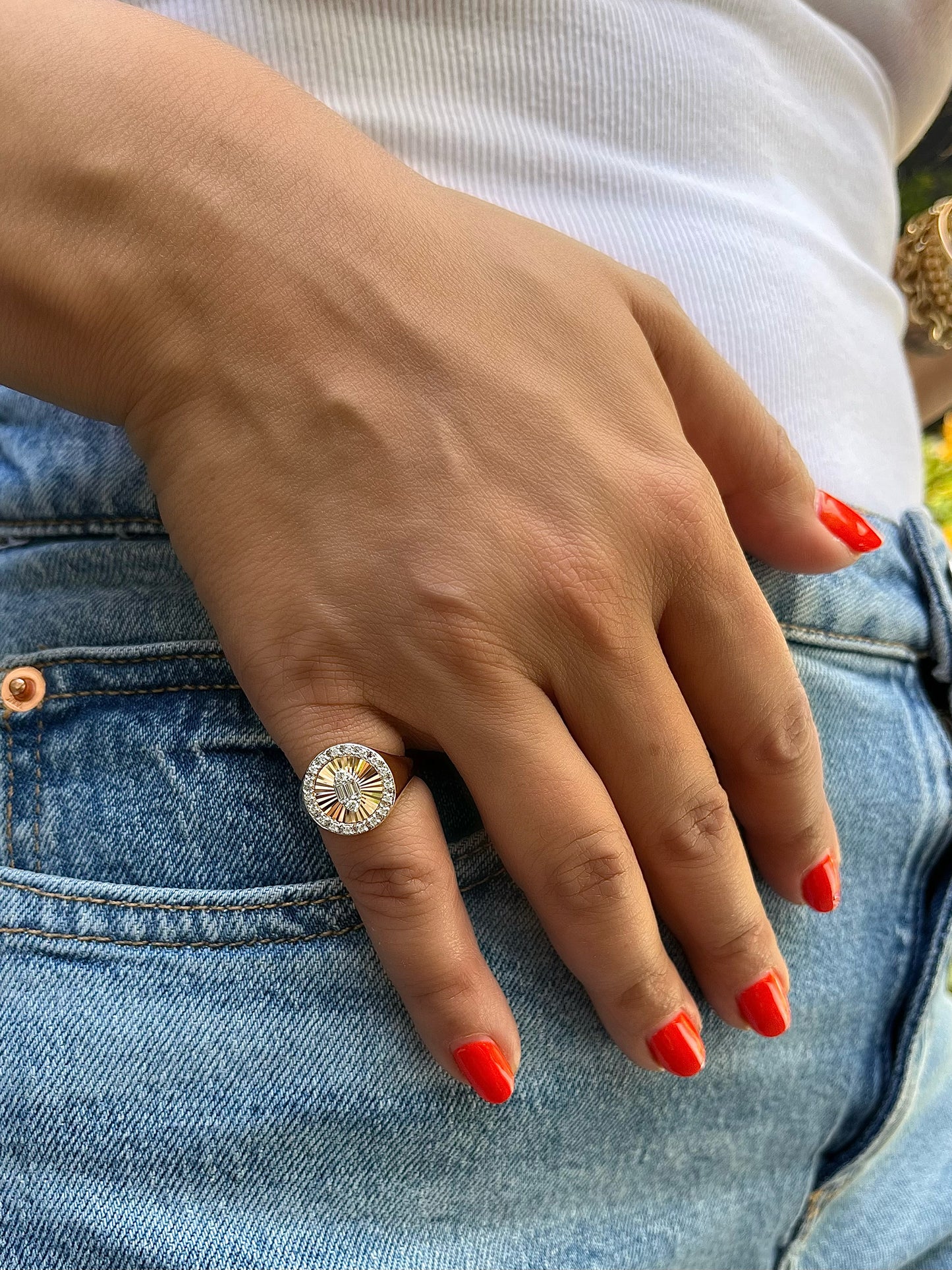 Sundial Gold & Diamond Round Pinky Ring with Marquise Diamond