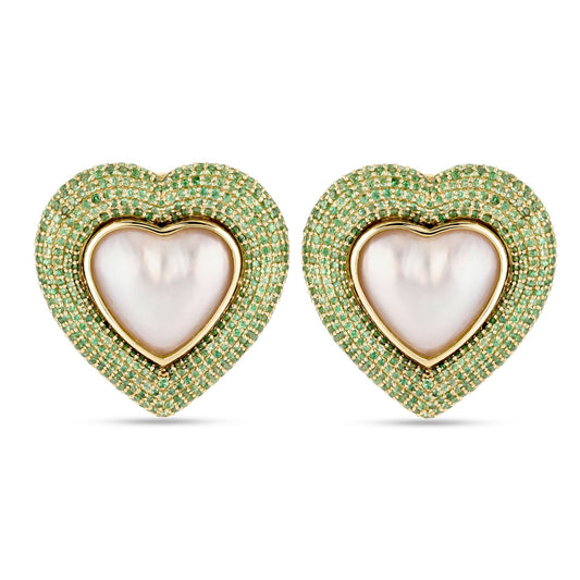 Tsavorite Pave & Pearl Heart Earrings