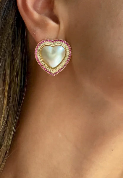 Eros Diamond & Pink Sapphire Pearl Heart Earrings